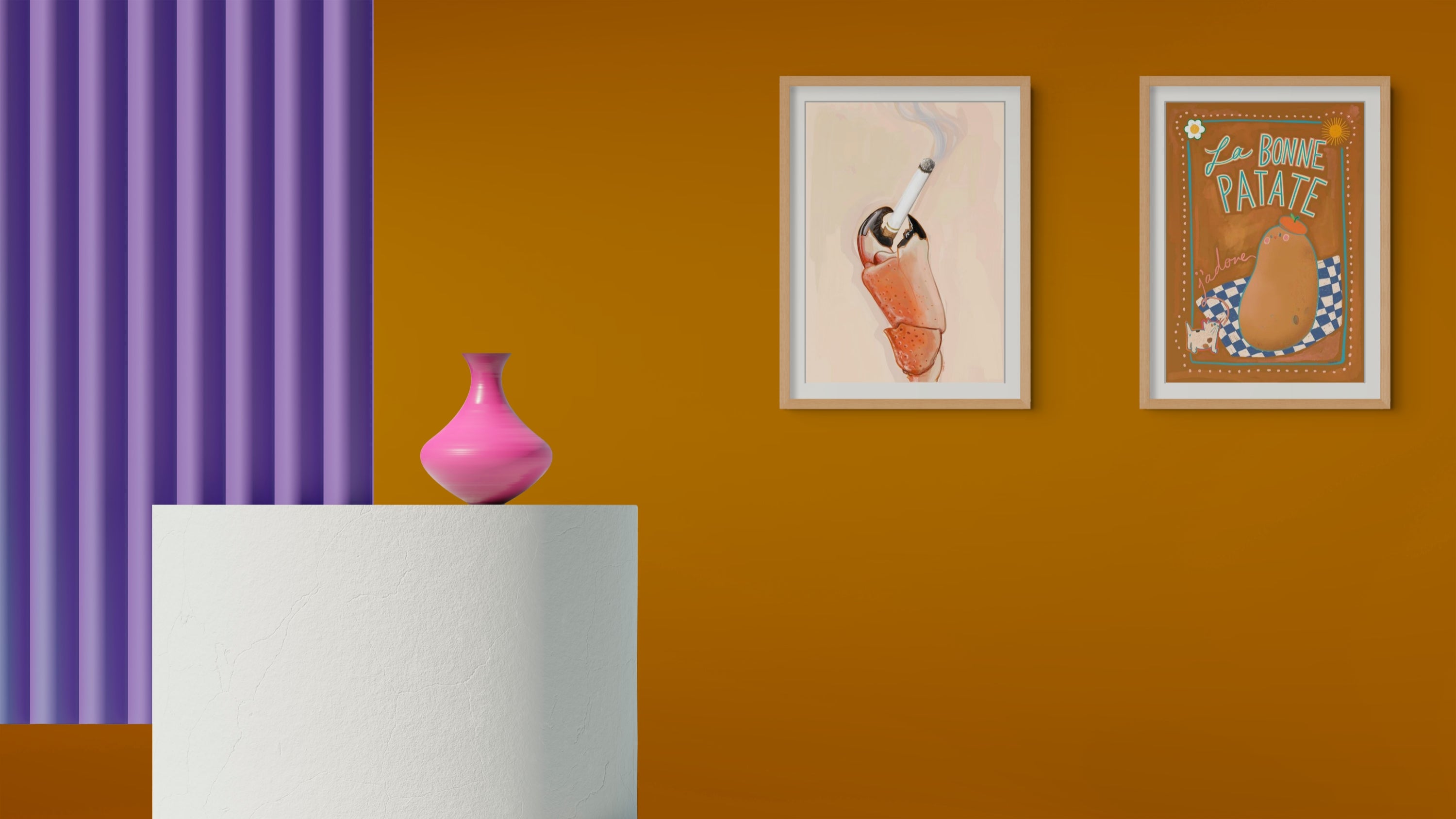 A pink vase sits on a white pedestal in front of an orange wall adorned with two framed artworks, including the La Bonne Patate Matte Art Print by Aventures Des Créatures; on the left, purple vertical blinds add an unexpected touch to the scene.