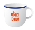 Mousseux Misstep Cappuccino Mug featuring a white body, blue rim, and the words "Hôtel Dodo" printed in orange on one side.