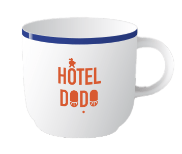 Mousseux Misstep Cappuccino Mug featuring a white body, blue rim, and the words "Hôtel Dodo" printed in orange on one side.