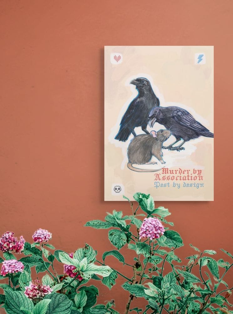 The Murder Pest Matte Art Print by International Pestsellers features two crows and a rat with “Murder by Association,” and is shown framed on a terracotta wall above blooming plants.