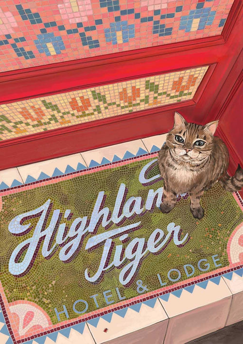 A curious tabby cat sits on a mosaic tile mat that reads “Highland Tiger Hotel & Lodge” in front of a red window adorned with colorful tile designs, beautifully captured in the Welcome Committee Mosaic Style Giclée Art Print by Hôtel Dodo.