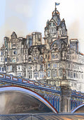 Essential Edinburgh’s “North Bridge & The Balmoral Edinburgh Matte Art Print” features the Balmoral Hotel’s clock tower and ornate architecture behind North Bridge, with its vibrant blue-and-red arches freshly repainted and refurbished.