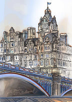 Essential Edinburgh’s “North Bridge & The Balmoral Edinburgh Matte Art Print” features the Balmoral Hotel’s clock tower and ornate architecture behind North Bridge, with its vibrant blue-and-red arches freshly repainted and refurbished.