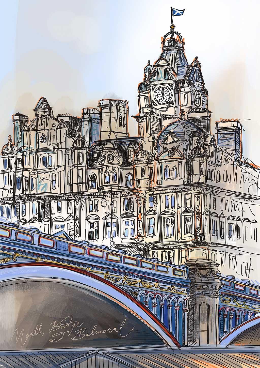 Essential Edinburgh’s North Bridge & The Balmoral Edinburgh Art Print features a detailed illustration of the grand Balmoral Hotel with its iconic clock tower and Scottish flag, standing behind the elegant arches of North Bridge.