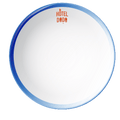 Petit Curio Plate featuring a white base with a blue rim and "Hôtel Dodo" text at the top.
