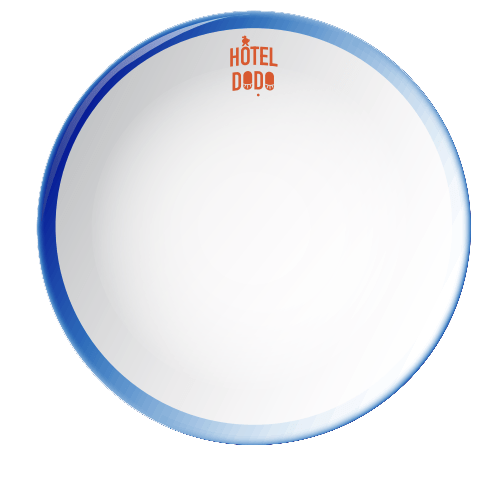 Petit Curio Plate featuring a white base with a blue rim and "Hôtel Dodo" text at the top.