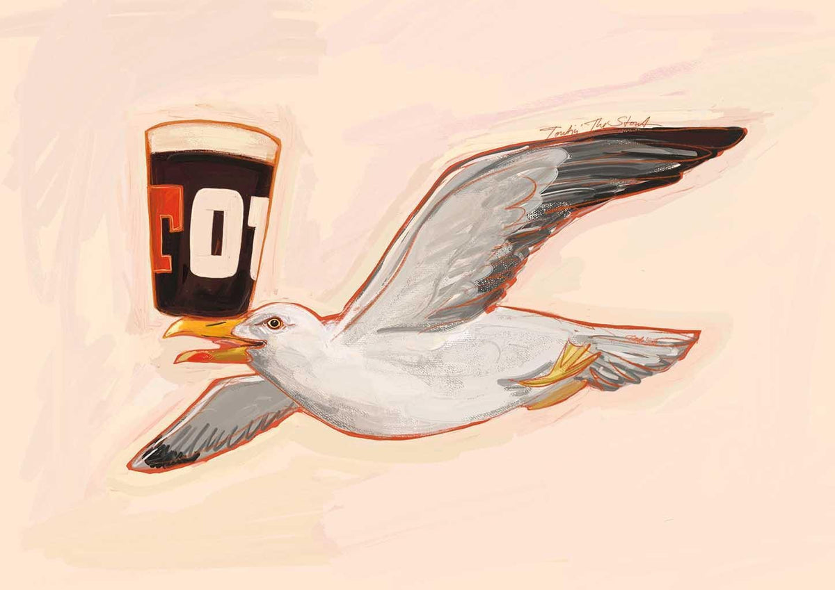 The Toutin’ The Stout Seagull Matte Art Print from International Pestsellers features a seagull flying with a dark beer against a light backdrop.