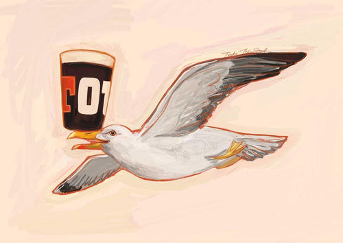 The Toutin’ The Stout Seagull Matte Art Print from International Pestsellers features a seagull flying with a dark beer against a light backdrop.