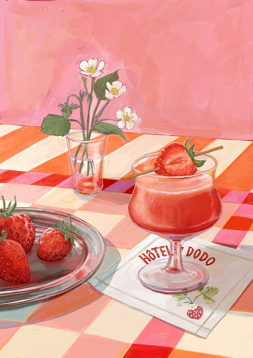 The Daiquiri Dreams Giclée Art Print by Hôtel Dodo depicts a strawberry drink with fresh garnish on a napkin labeled "Hôtel Dodo," beside ripe strawberries and white flowers on a checkered table.