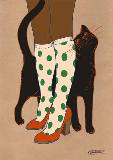 The "Encounters of the Purred Kind I Matte Art Print" by Encounters of the Purred Kind depicts a lucky black cat nuzzling green polka dot knee-high socks and red heels, spreading good tidings with each affectionate touch.