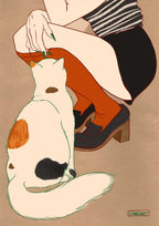 The "Encounters of the Purred Kind II Art Print" by Beauty and the Beastie features a seated person in a striped top and rust-colored stockings bonding with a fluffy calico cat against a brown background.