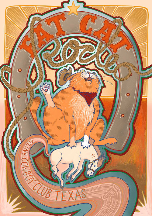 Featuring the Ginger Lad cat in a bandana on a horse, with "Fat Cat Rodeo" encircling him and "Feline Cowboy Club Texas" below, the Fat Cat Rodeo Matte Art Print by Aventures Des Créatures captures vintage whimsy.