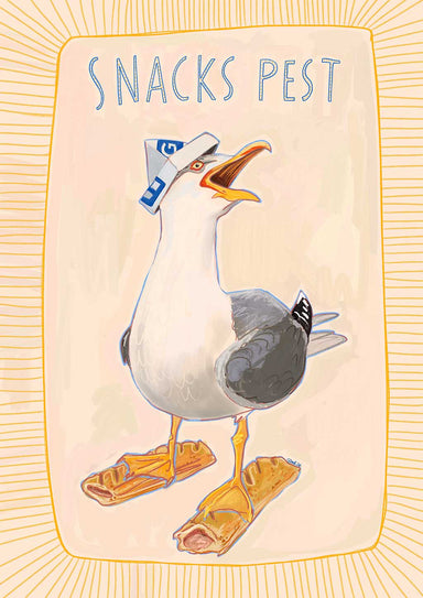 An illustration of a seagull in a sailor hat with sandwich slice flippers, featuring "SNACKS PEST" above, is depicted on the Snacks Pest Matte Art Print by International Pestsellers.