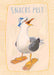 An illustration of a seagull in a sailor hat with sandwich slice flippers, featuring "SNACKS PEST" above, is depicted on the Snacks Pest Matte Art Print by International Pestsellers.