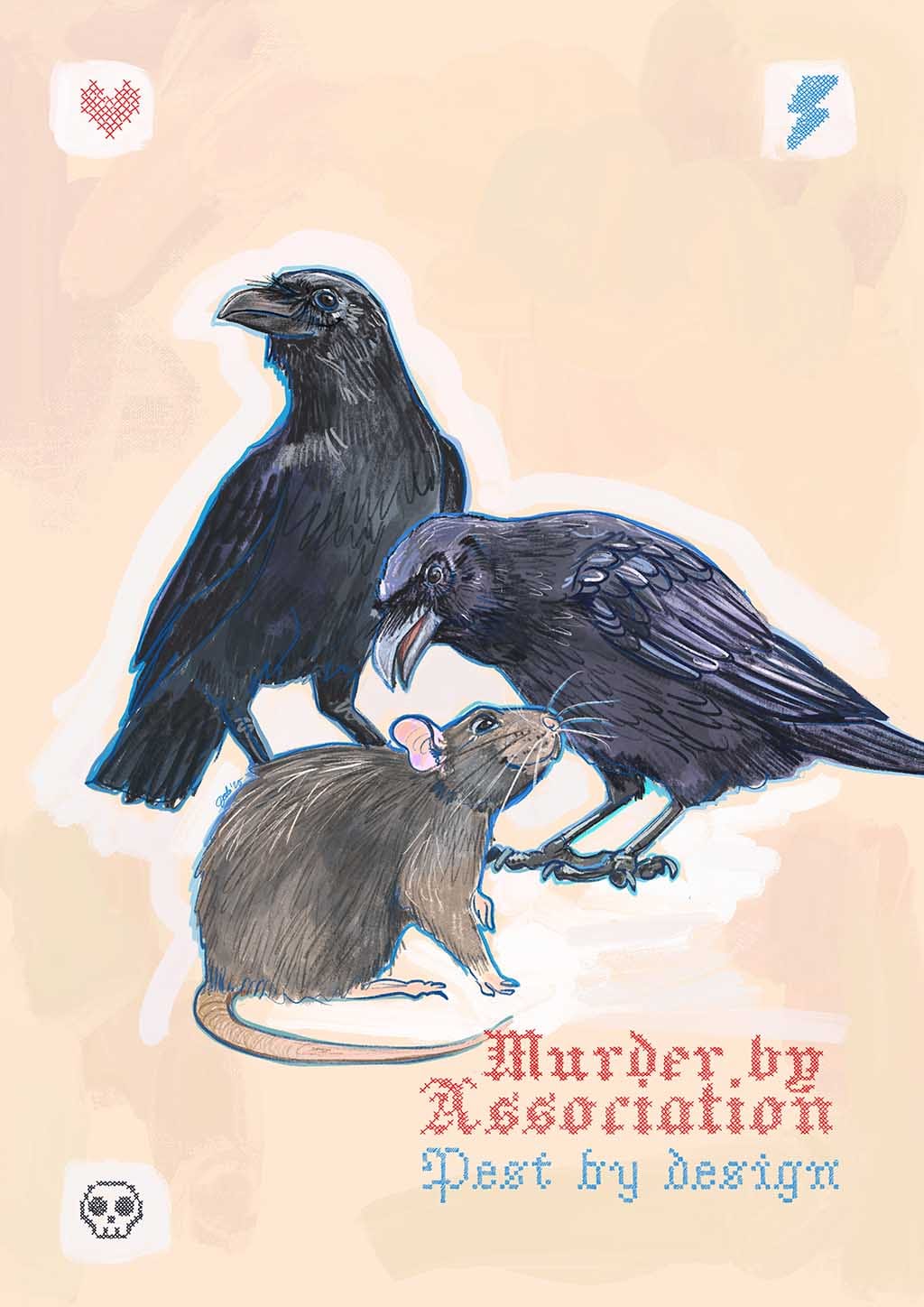 The Murder Pest Matte Art Print by International Pestsellers features two black crows and a gray rat above the phrase 