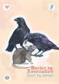 The Murder Pest Matte Art Print by International Pestsellers features two black crows and a gray rat above the phrase "Murder by Association, Pest by design" on a beige background with small corner icons.
