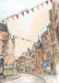 Cockburn Street Edinburgh Art Print by Essential Edinburgh features a picturesque street scene with historic architecture, vibrant shopfronts, and cheerful bunting hanging above. The sky is clear, and the streets are beautifully cobblestoned.