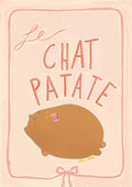 An art print from Favourite Things featuring a round, brown cat called "Le Chat Patate" lounging with a small container of fries resting on its belly.