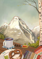 An Alpine Air Giclée Art Print by Hôtel Dodo features a mug, pretzel, and Swiss chocolate bar on a table against majestic mountain scenery, evoking the warmth of a cozy alpine lodge.