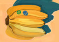 Shromps Bunchananas Giclée Art Print features four bananas with colorful stickers on an orange and teal background, capturing the playful charm of vibrant fruit.