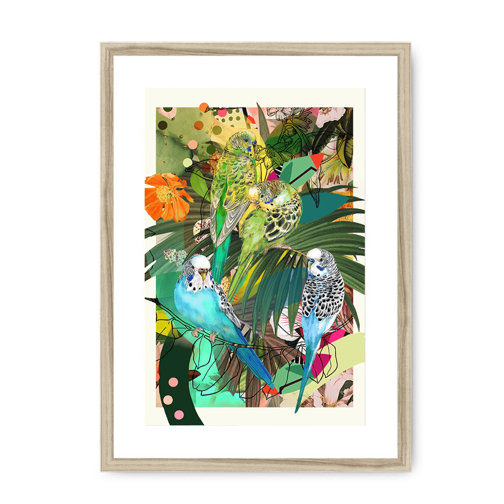 Blooming Budgerigars Framed with a Mount Print The Gathering A3 Portrait / Natural Frame Mounted Print