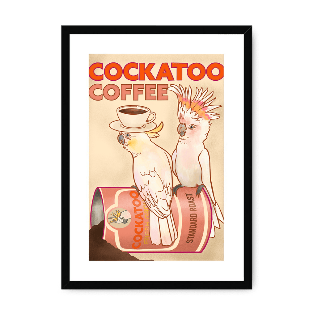 Cockatoo Coffee Giclée Framed with a Mount Print ADimals A3 Portrait / Black Frame Mounted Print