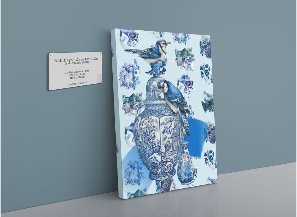 Delft Daft - Jays On A Jar Canvas Print The Gathering 28"x40"(70x100 cm) Canvas Print