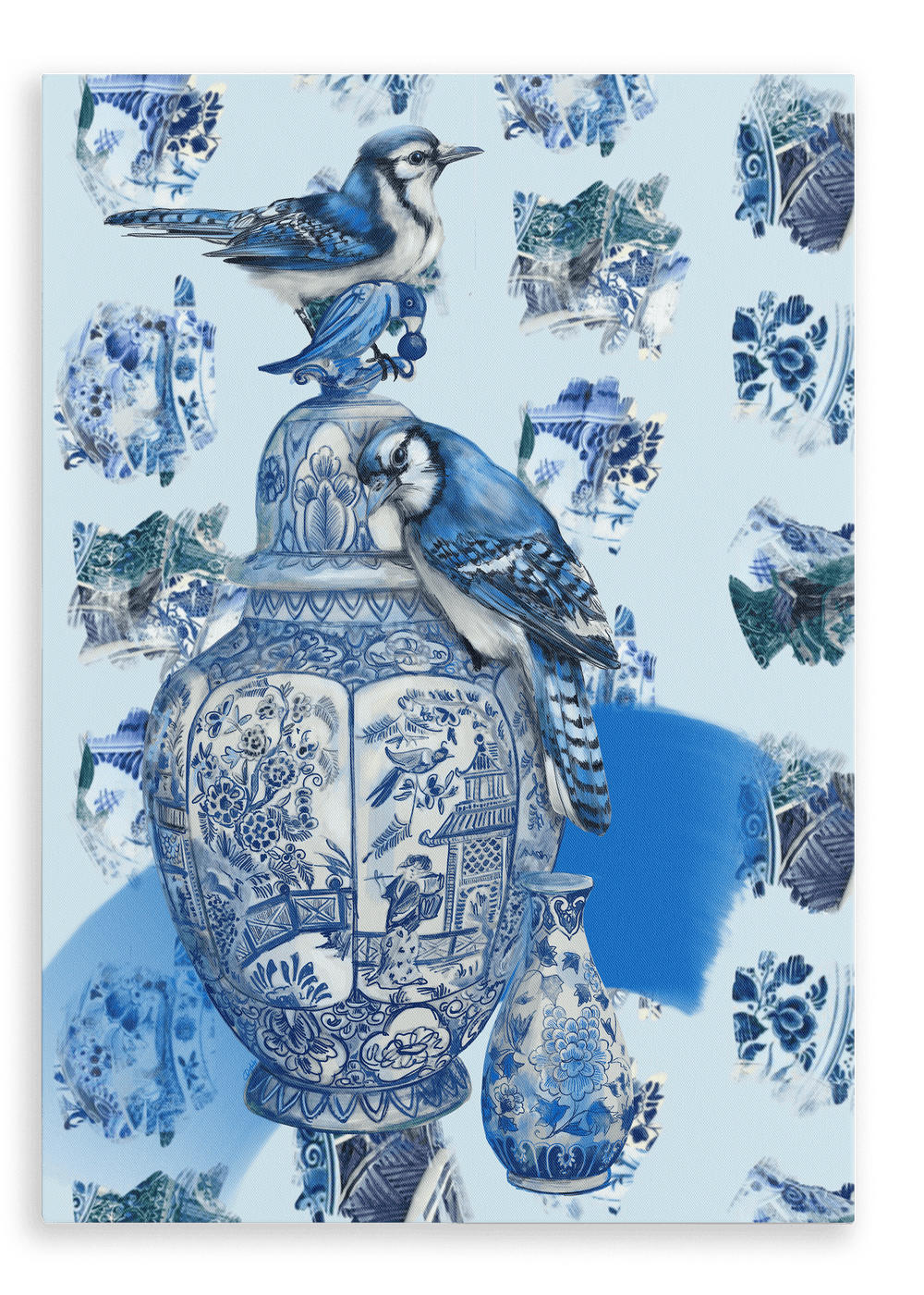 Delft Daft - Jays On A Jar Canvas Print The Gathering 28"x40"(70x100 cm) Canvas Print