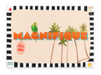 A vibrant parrot perches on "MAGNIFIQUE" amid palm trees, with a striped backdrop featuring hearts, drinks, waves, and sun—capturing beachy charm in the Magnifique Matte Canvas Print by Shromps.