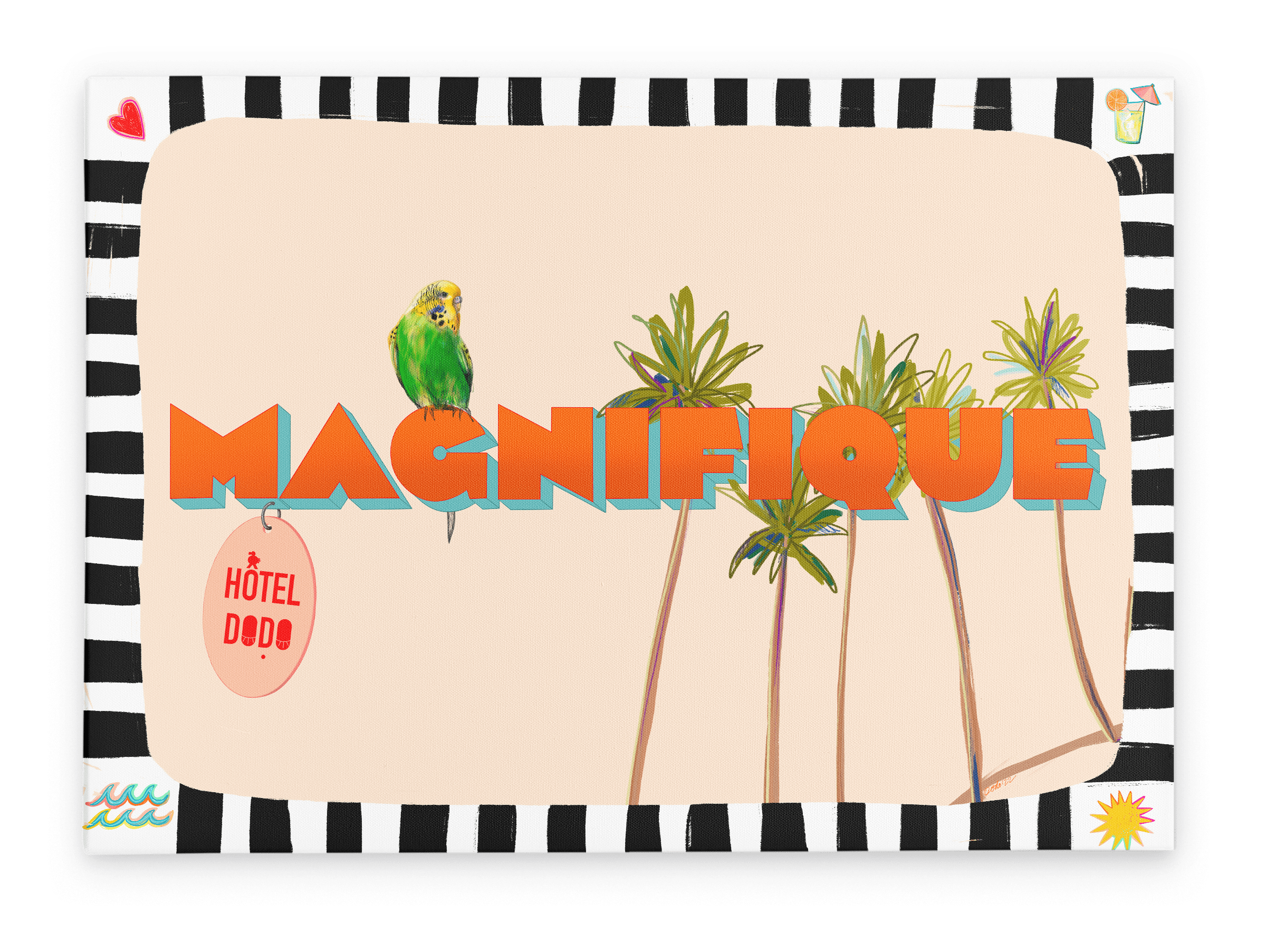 A vibrant parrot perches on "MAGNIFIQUE" amid palm trees, with a striped backdrop featuring hearts, drinks, waves, and sun—capturing beachy charm in the Magnifique Matte Canvas Print by Shromps.