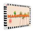 The Magnifique Matte Canvas Print by Hôtel Dodo showcases a colorful design with the word "Magnifique," featuring a parrot and palm trees amid lush tropical foliage in retro style. "Hôtel Dodo Resort" is elegantly displayed on a red tag integrated into the image.