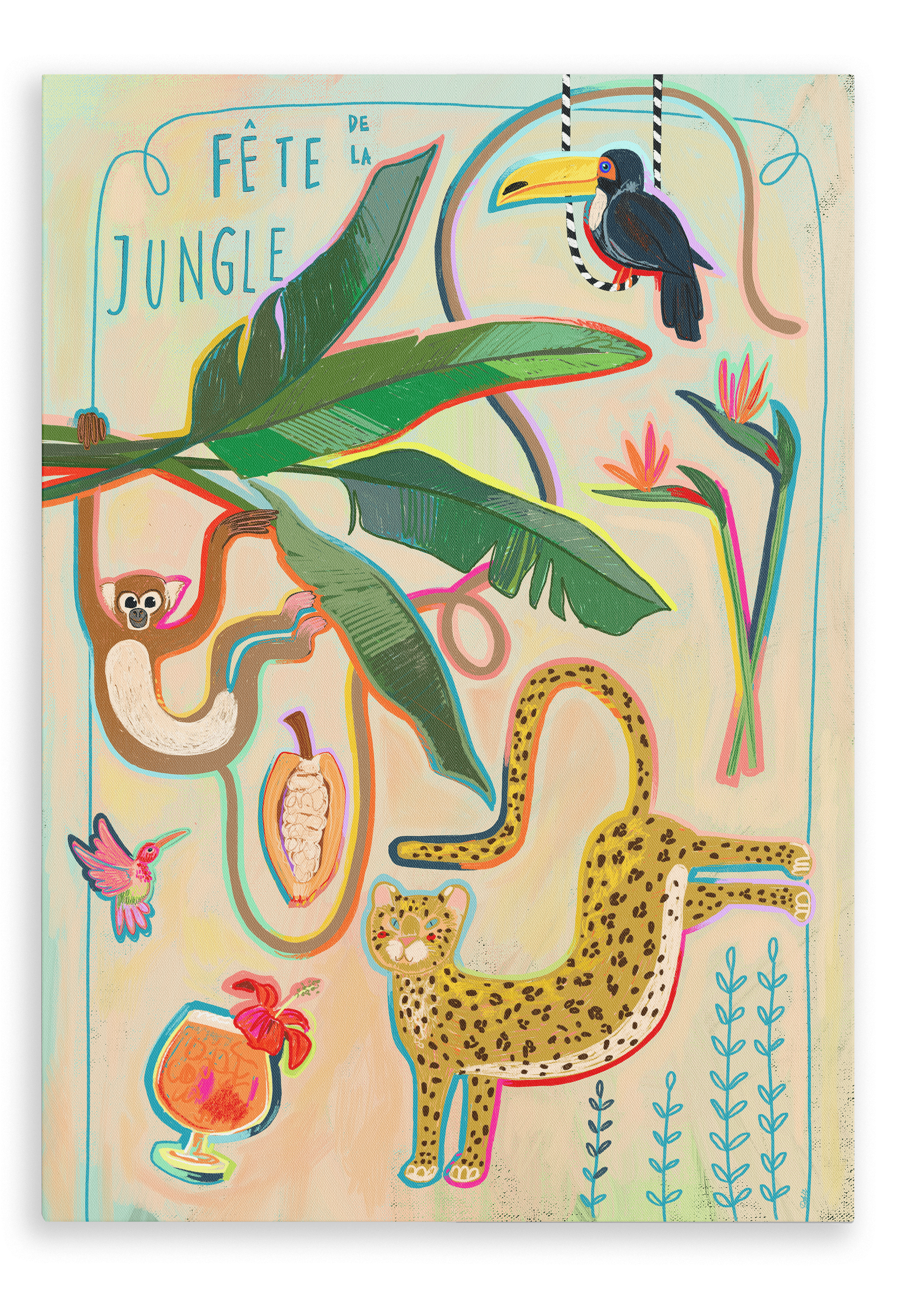 Fête De La Jungle Matte Canvas Print Aventures Des Créatures 28"x40"(70x100 cm) Canvas Print