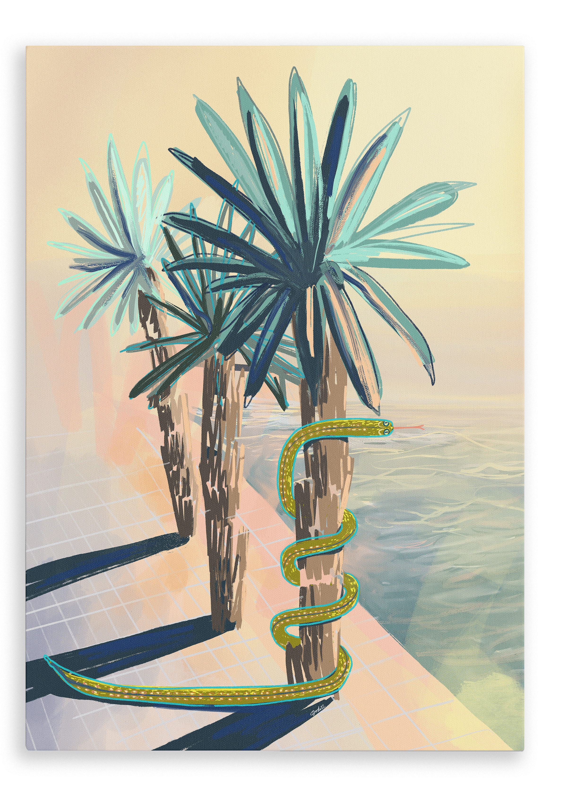 Poolside Promenade (with friendly snake) Giclée Canvas Print Palmy Days 28"x40"(70x100 cm) Canvas Print