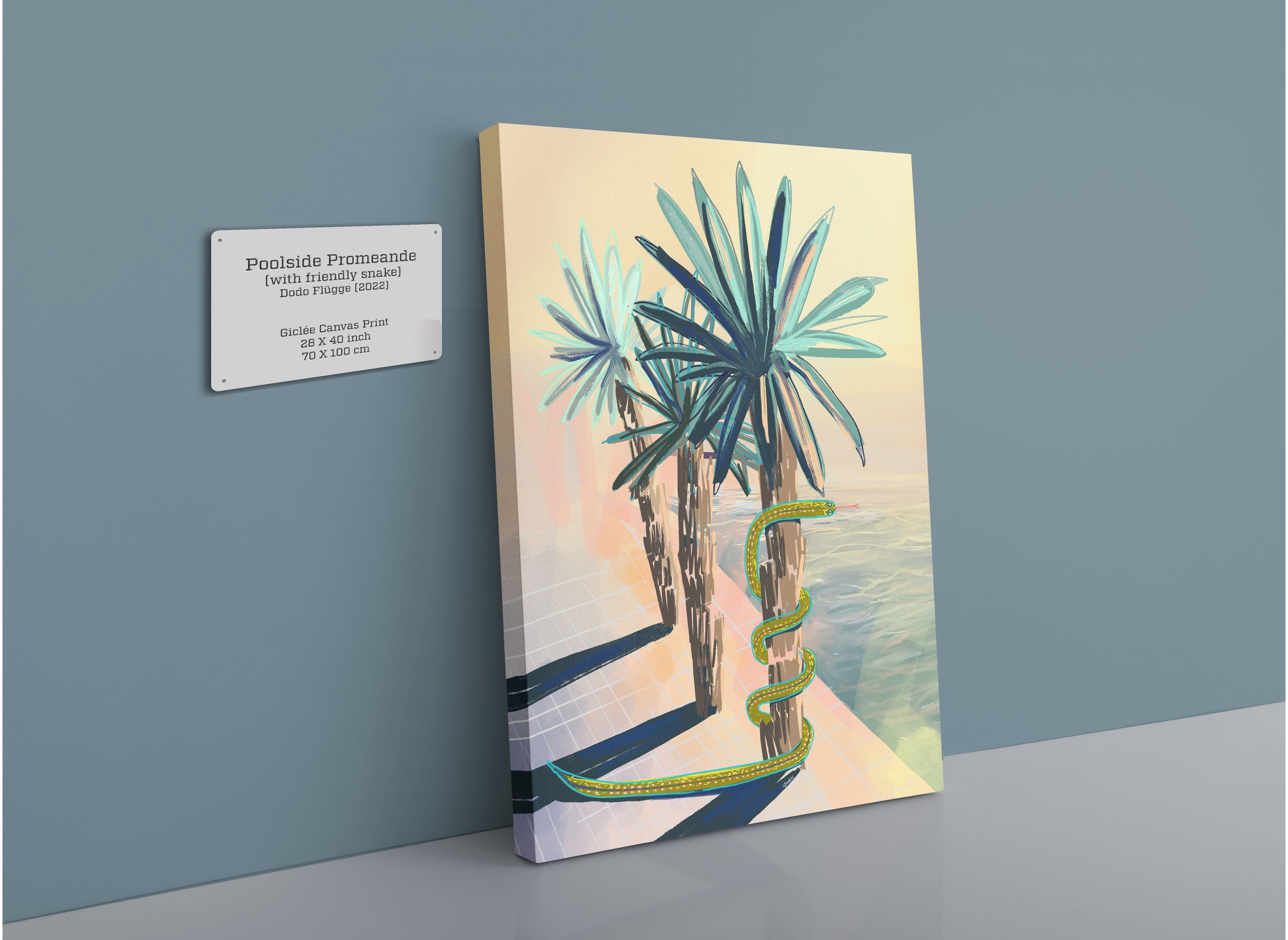 Poolside Promenade (with friendly snake) Giclée Canvas Print Palmy Days 28"x40"(70x100 cm) Canvas Print