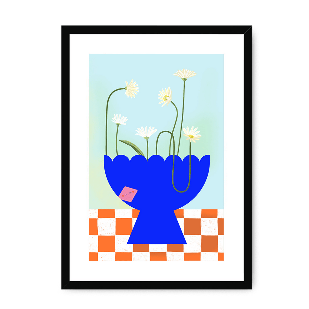 Daisies In Blue Framed Print Happy Stems A3 (297 X 420 mm) / Black / White Mount Framed Print