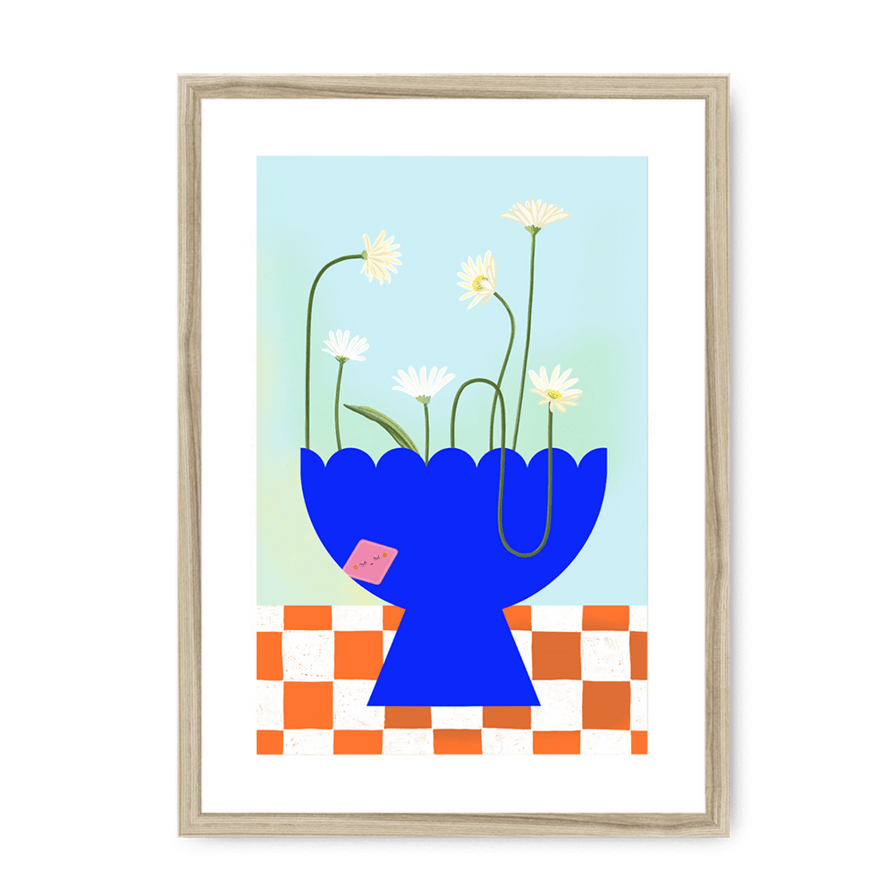 Daisies In Blue Framed Print Happy Stems A3 (297 X 420 mm) / Natural / White Mount Framed Print