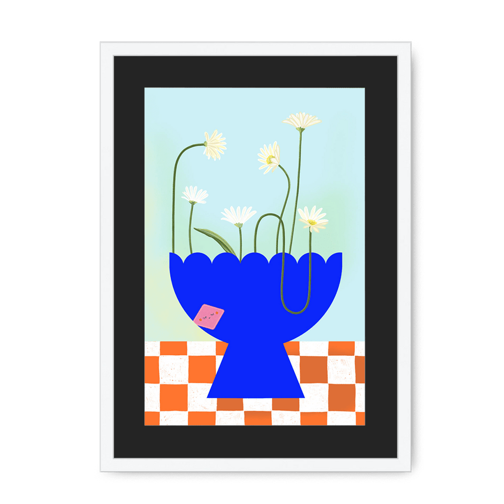 Daisies In Blue Framed Print Happy Stems A3 (297 X 420 mm) / White / Black Mount Framed Print