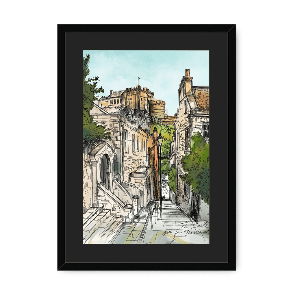 The Castle Viewed From The Vennel Framed Print Essential Edinburgh A3 (297 X 420 mm) / Black / Black Mount Framed Print