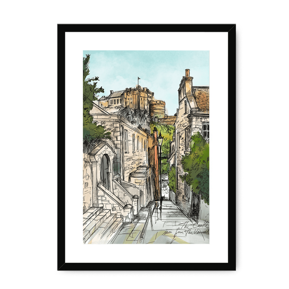 The Castle Viewed From The Vennel Framed Print Essential Edinburgh A3 (297 X 420 mm) / Black / White Mount Framed Print