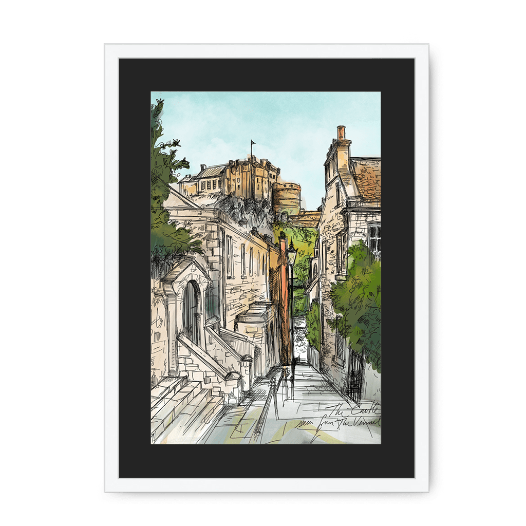 The Castle Viewed From The Vennel Framed Print Essential Edinburgh A3 (297 X 420 mm) / White / Black Mount Framed Print