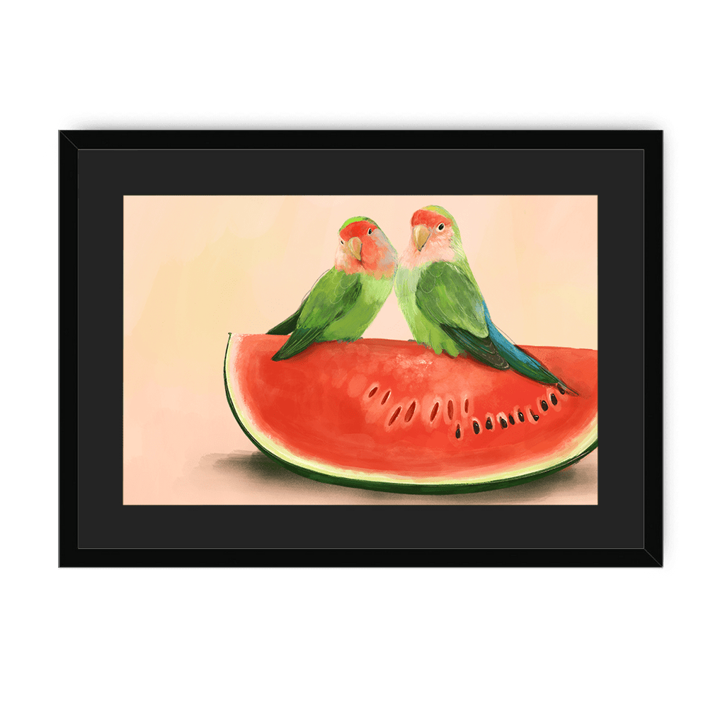 Watermelon Lovebirds Framed Print The Gathering A3 (297 X 420 mm) / Black / Black Mount Framed Print