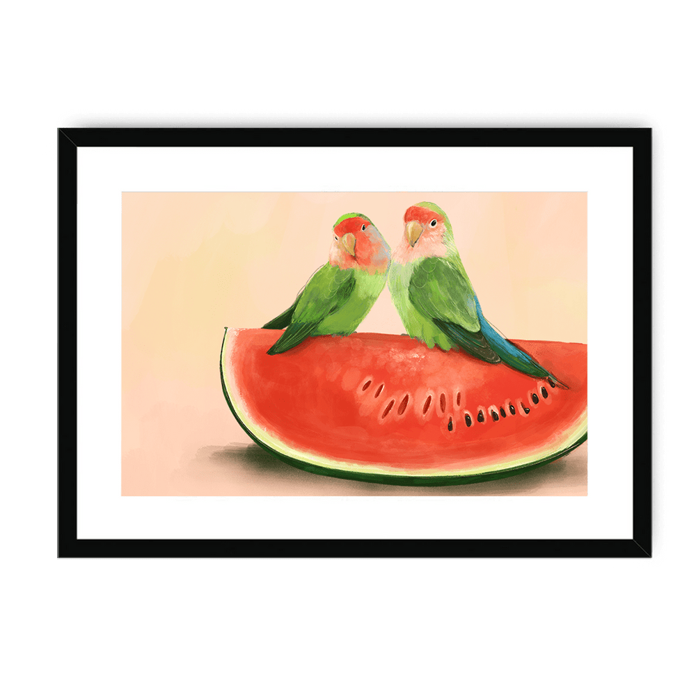 Watermelon Lovebirds Framed Print The Gathering A3 (297 X 420 mm) / Black / White Mount Framed Print