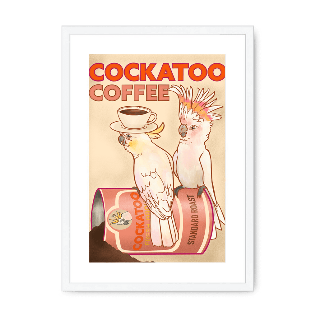 Cockatoo Coffee Giclée Framed with a Mount Print ADimals A3 Portrait / White Frame Mounted Print