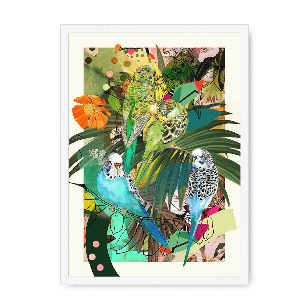 Blooming Budgerigars Matte Framed Print The Gathering A4 Portrait / White Frame Framed Print