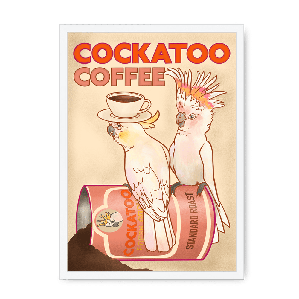 Cockatoo Coffee Giclée Framed Print ADimals A4 Portrait / White Frame Framed Print