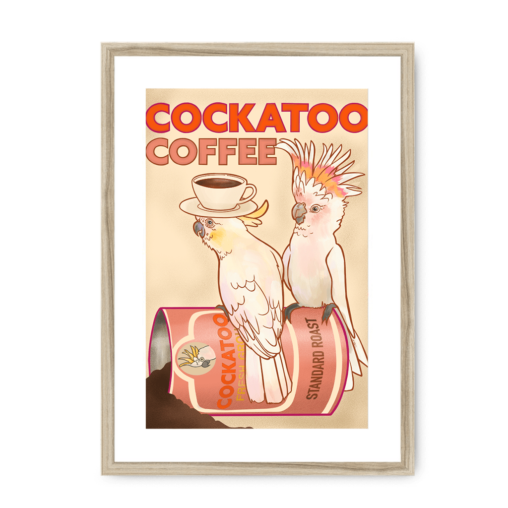 Cockatoo Coffee Giclée Framed with a Mount Print ADimals A3 Portrait / Natural Frame Mounted Print