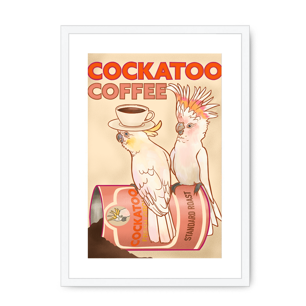 Cockatoo Coffee Giclée Framed with a Mount Print ADimals A3 Portrait / White Frame Mounted Print