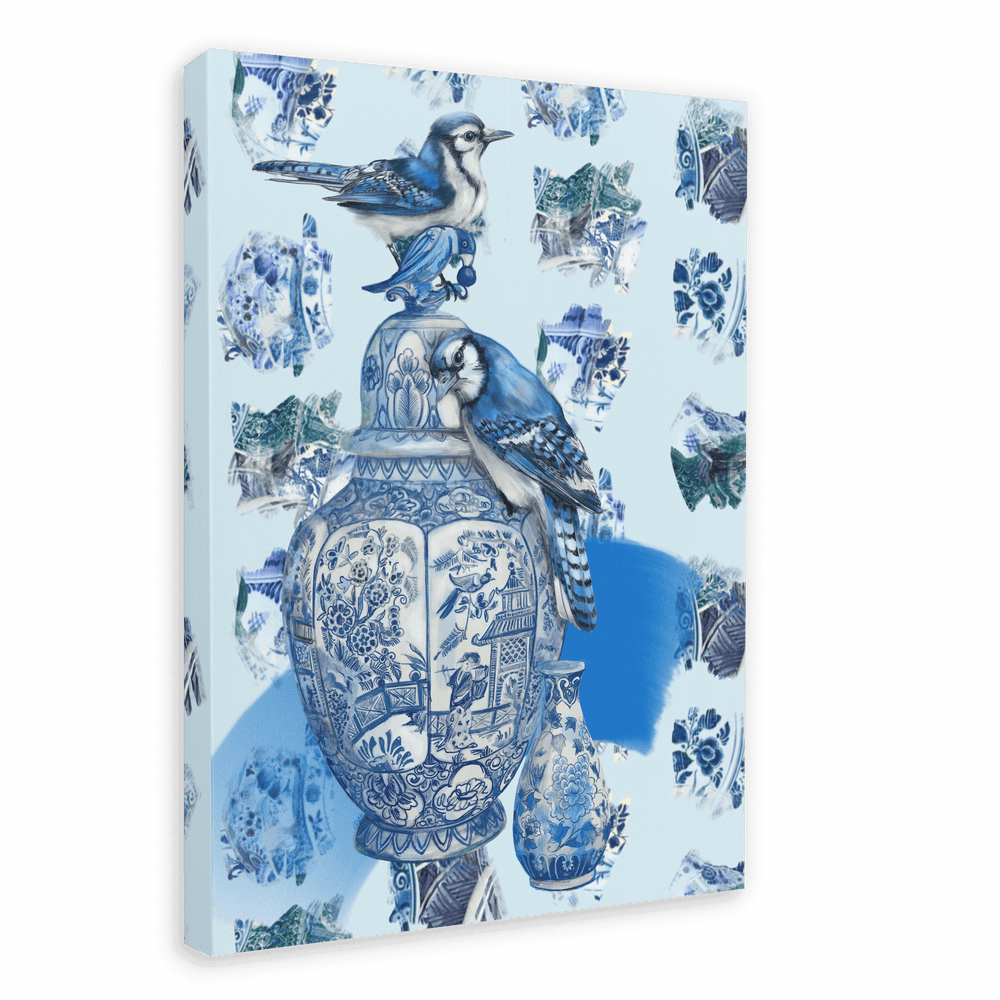 Delft Daft - Jays On A Jar Canvas Print The Gathering 28"x40"(70x100 cm) Canvas Print