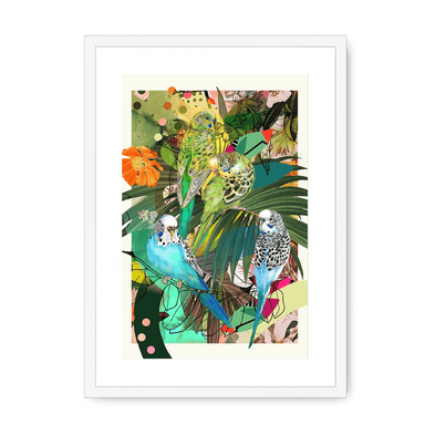 Blooming Budgerigars Framed with a Mount Print The Gathering A3 Portrait / White Frame Mounted Print
