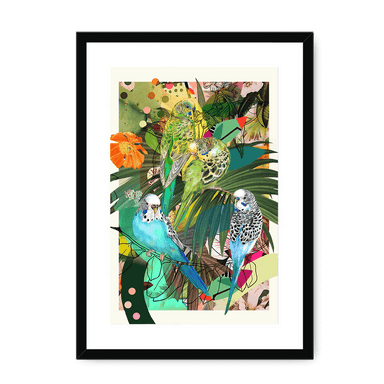 Blooming Budgerigars Framed with a Mount Print The Gathering A3 Portrait / Black Frame Mounted Print